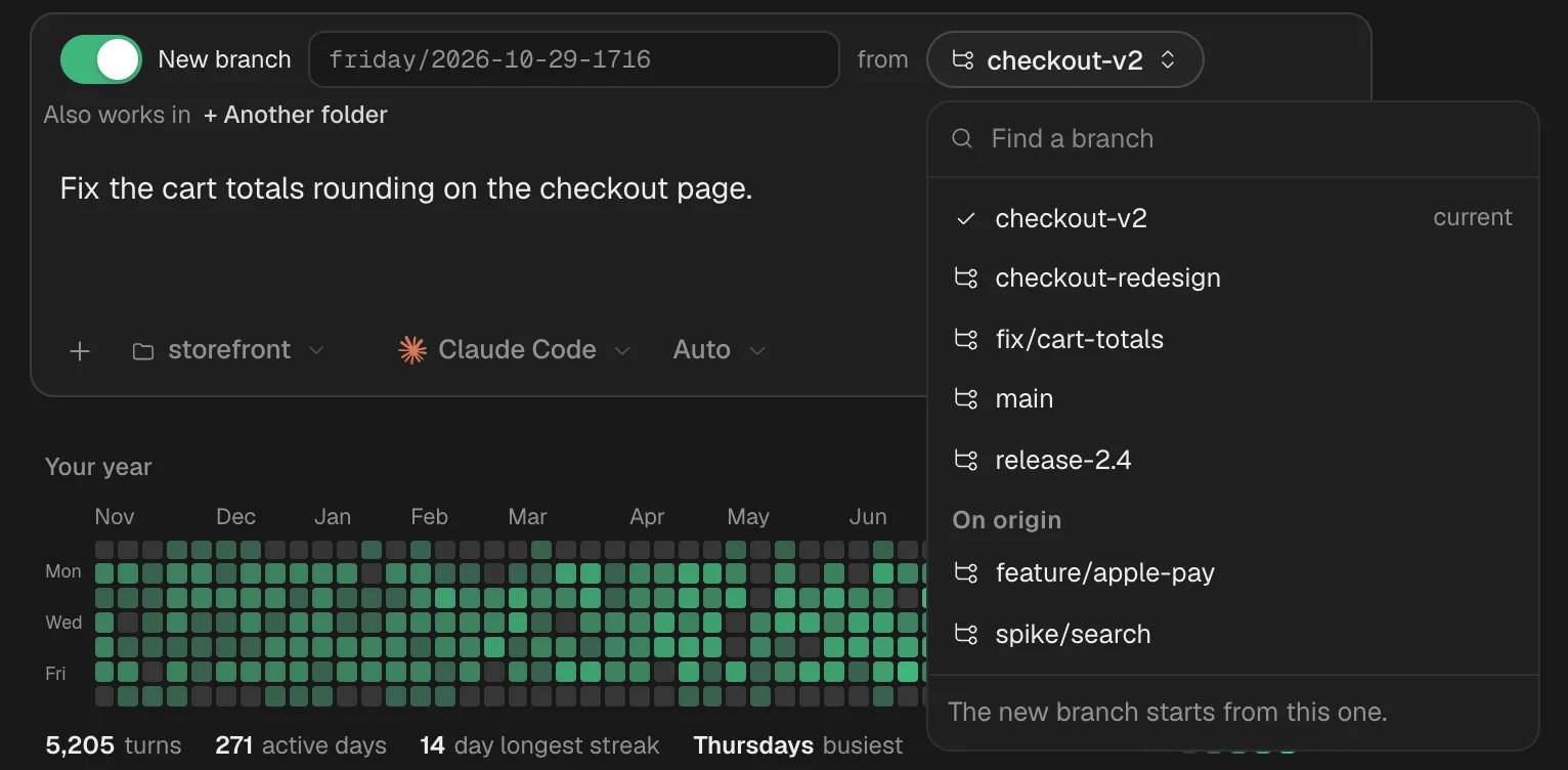 Starting a task on a new branch of its own, friday/2026-10-29-1716, from checkout-v2, with the storefront repository’s other branches to pick from.