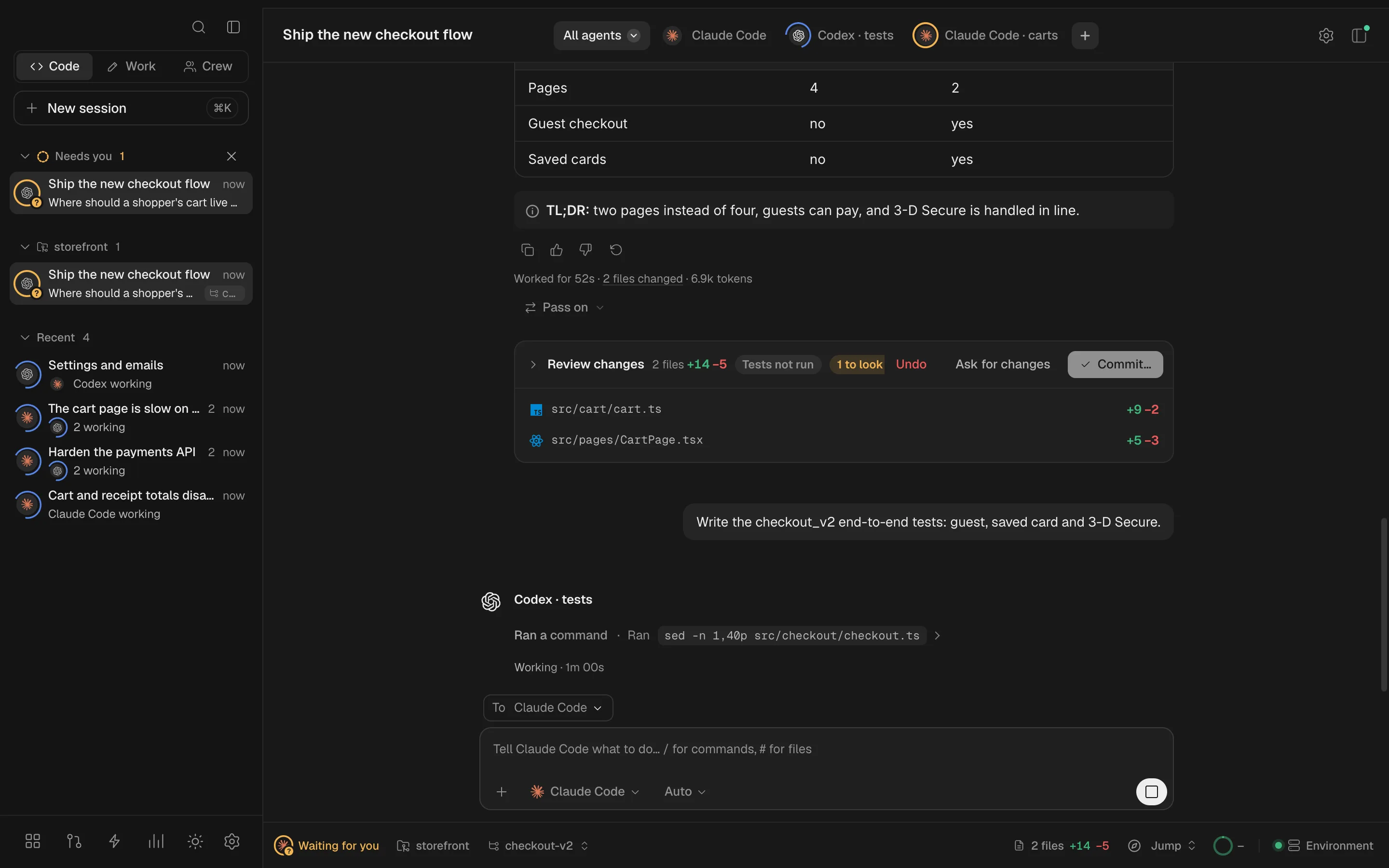 One Friday session shipping a new checkout with three agents at once: Claude Code has changed two files, ready for review, while Codex writes the end-to-end tests, and four more sessions run beside it.